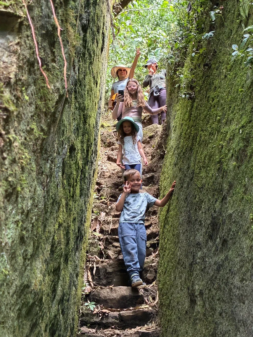 My family walking down a narrow staircase cut between two tall, moss-covered rock walls in dense green forest
