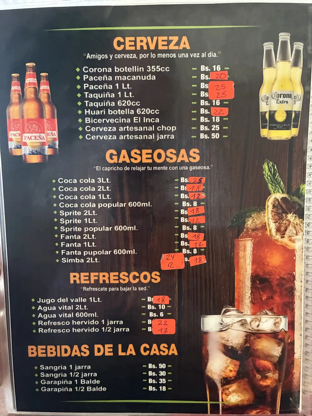 Menu page headed Cerveza, listing beers, soft drinks and house drinks