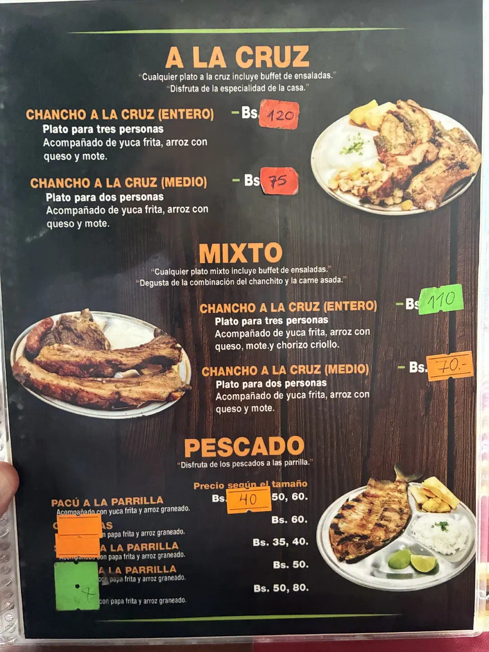 Menu page headed A la Cruz, Mixto and Pescado