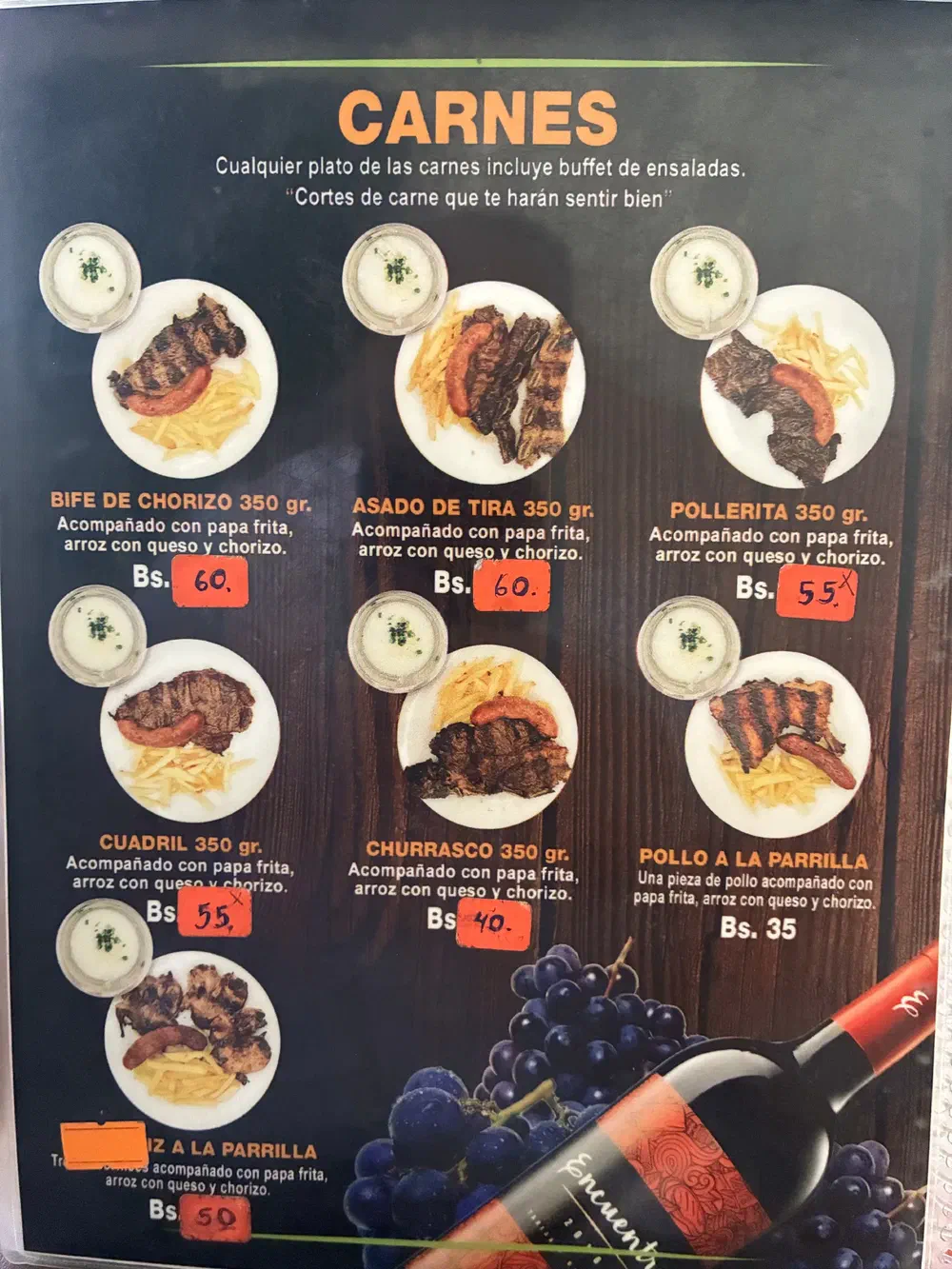 Menu page headed Carnes, listing cuts of grilled meat with photographs