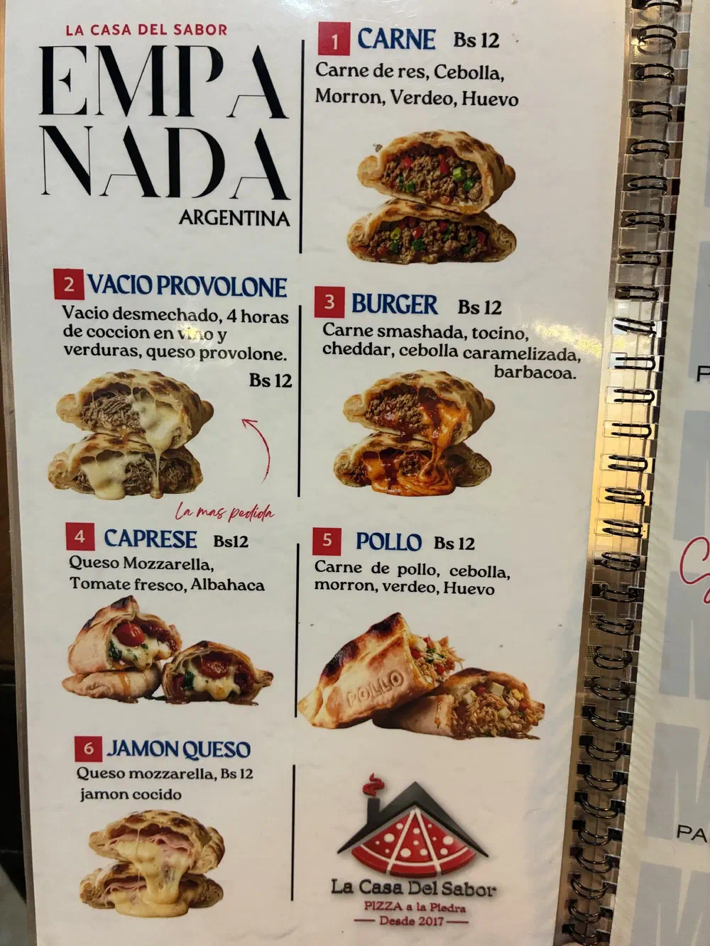 Menu page for Argentine empanadas, showing six numbered fillings at Bs 12 each with a photograph of each one